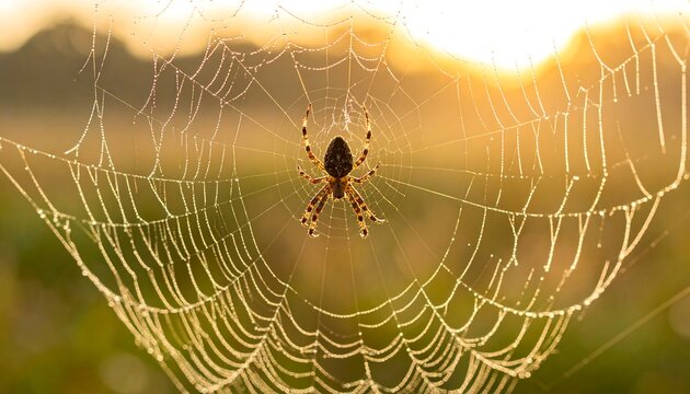 Spider at web center, backlit by sunrise