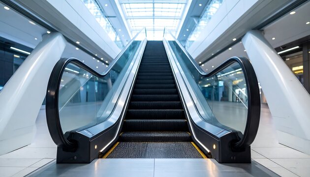 Modern, bright escalators in a spacious, contemporary mall