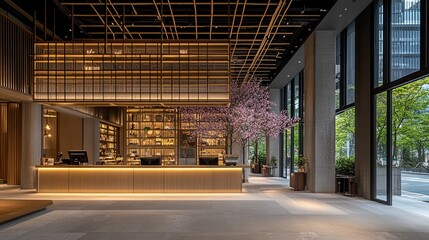 Modern hotel reception area, featuring wood accents, glass walls, and a cherry blossom tree