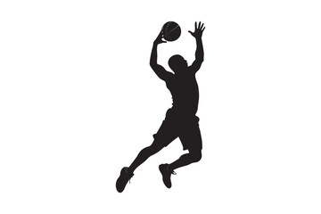 Obraz premium Silhouette of a basketball player jumping to catch the ball isolated on white background showcasing athleticism and sportsmanship in a minimalist and graphic representation