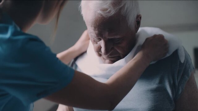 Caring Hands, Gentle Touch: A compassionate caretaker gently assists an elderly man. This scene conveys a sense of trust, comfort, and the invaluable support provided in healthcare.