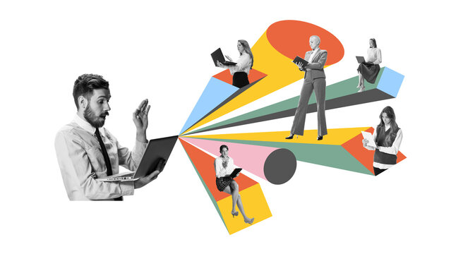 Creative digital collage of surprised man waving to colleagues on colorful channels in hybrid workspace. Concept of remote interaction, digital teamwork, soft-skills training, project coordination.