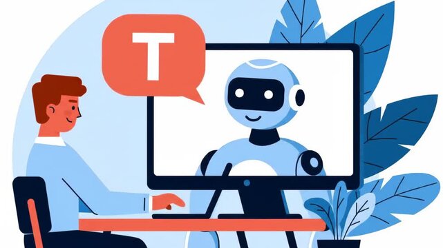 Minimalist vector illustration of a human and AI robot video chatting at desk, animated with interactive, ambient movements