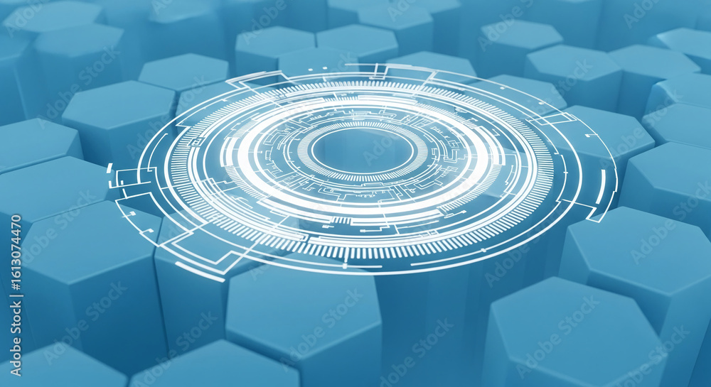 Poster abstract blue hexagonal background with a central white circular technological element, showcasing a