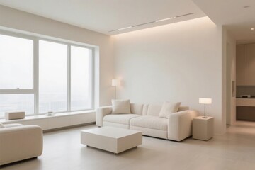Fototapeta premium Modern minimalist living room with white furniture and large windows overlooking the sea