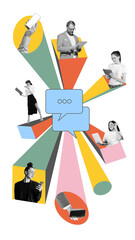 Bold poster of diverse professionals using mobile devices and tablets around chat bubbles on white...