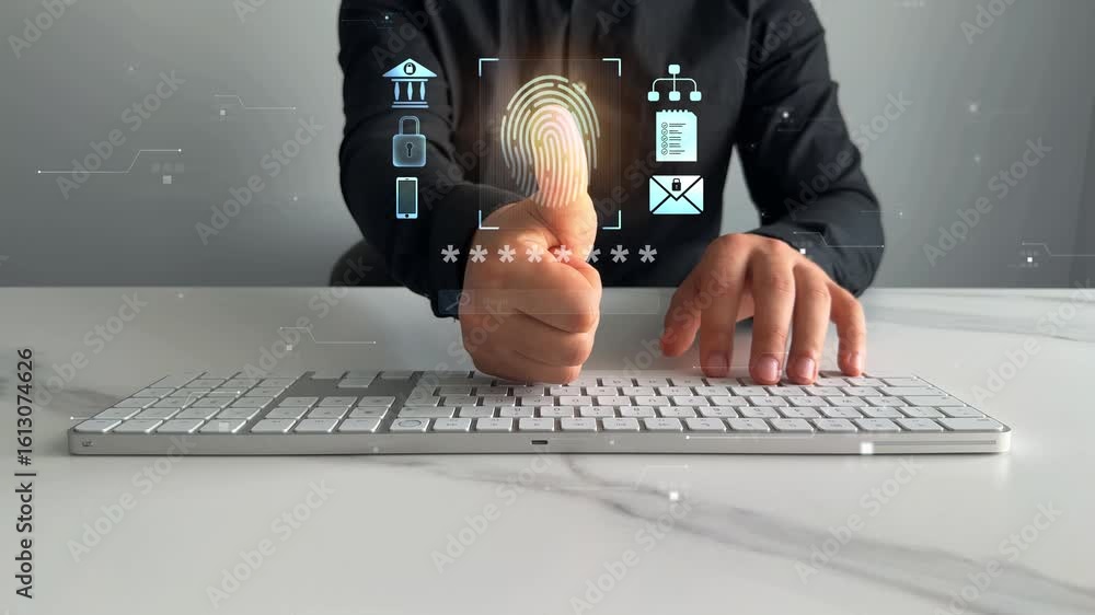 Poster biometric secure personal data access technology.fingerprint scanning allows access security and ide