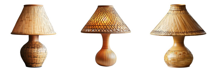 Collection of Handwoven Bamboo Table Lamps with Natural Rattan Shades Isolated on Transparent Background