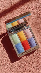 Pastel Eyeshadow Palette with Mirror on Pink Background. High quality
