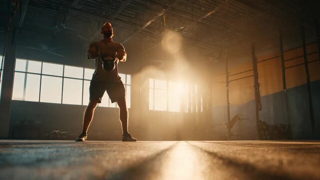 Strength and Grit: A determined individual engages in a kettlebell workout, bathed in the sun-drenched glow of a gritty gym. A symphony of effort and achievement unfolds.