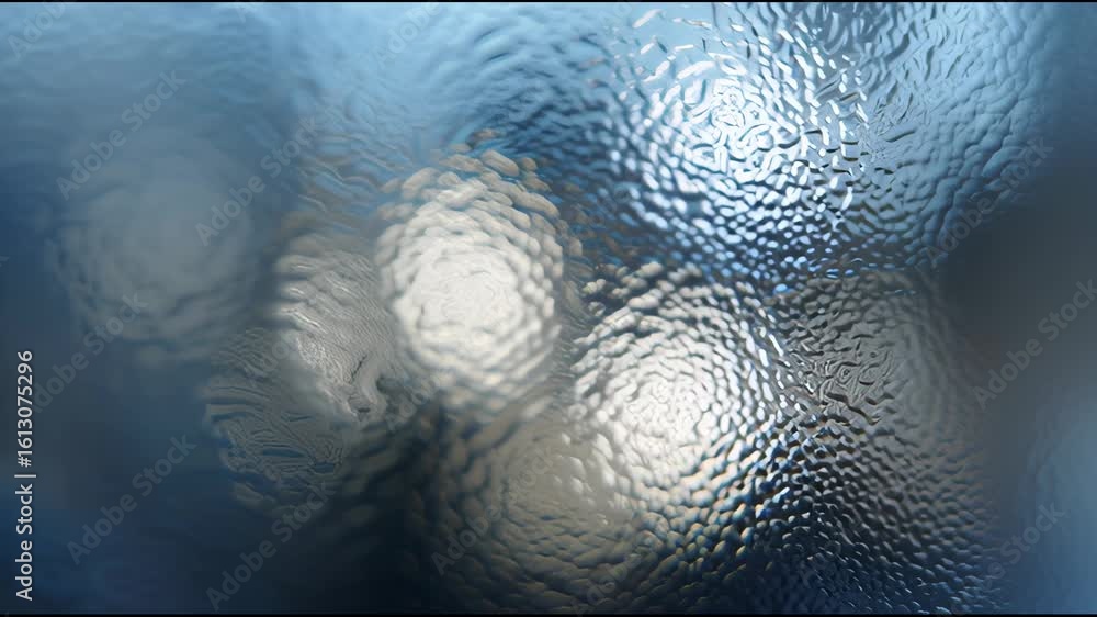 Poster reflections and light patterns on a textured glass surface during a calm evening