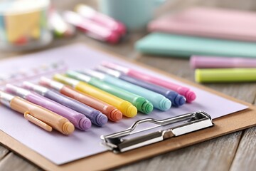 Naklejka premium Pastel rainbow markers on clipboard, craft table still life, washi tape, notebook