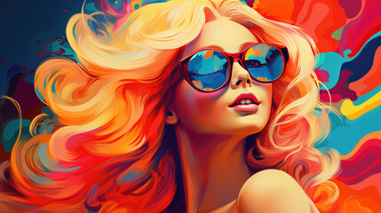 Smiling Fashion Model with Curly Blonde Hair and Sunglasses, AI Generated Portrait