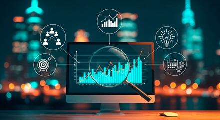 Computer screen displays bar graph, magnifying glass overlays data, showcasing business analytics, strategy, and planning, symbolizing growth and data analysis