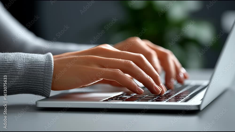 Poster hands typing on laptop keyboard in a modern workspace with soft lighting