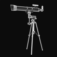 A black and white contour drawing of a telescope mounted on a sturdy tripod, set against a dark background. The illustration features clean lines and minimal details.