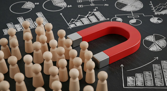 Wooden figures near a red magnet on a dark background with hand-drawn graphs, showcasing audience engagement and marketing strategy, symbolizing attracting customers or followers