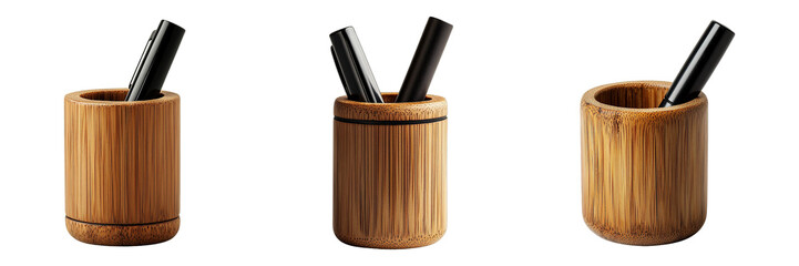 Set of Eco-Friendly Bamboo Pen Holders with Black Pens Isolated on Transparent Background