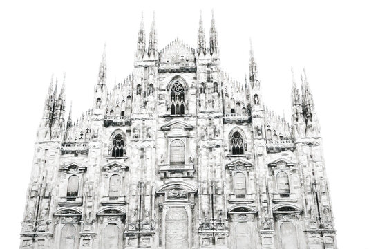 A black-and-white sketch of the facade of Duomo di Milano
