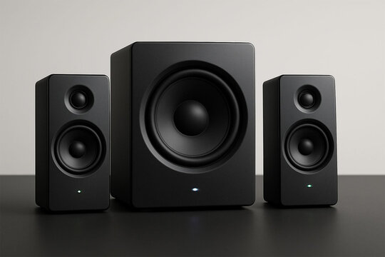 Modern black 2 1 computer speaker system with subwoofer and two satellite speakers