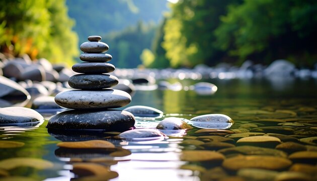 Stacked stones in calm river, serene nature scene