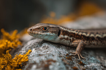 Obraz premium Close up of Brown Lizard on Grey Rock with Yellow Green Foliage