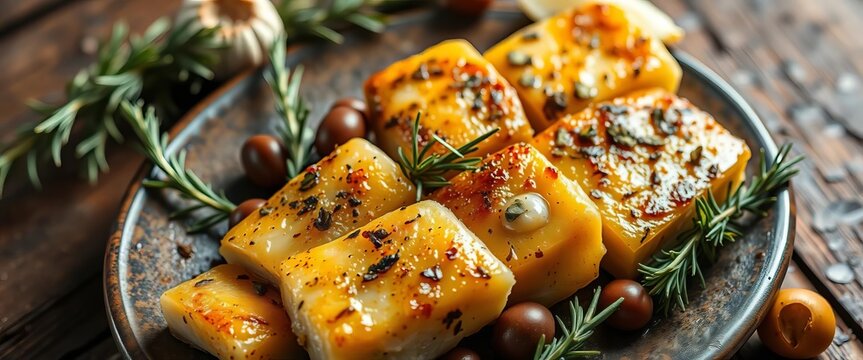 Golden-brown baccala fillets, olives, garlic, herbs, rustic setting,  seafood,  olive oil