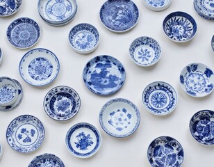 Fototapeta na wymiar Collection of blue, white porcelain dishes in various sizes, shapes scattered on light-colored background. Unique, haphazard arrangement creates interesting visual effect. Overlapping, standalone