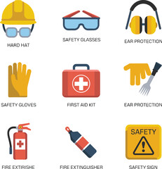 Collection of personal protective equipment and safety symbols for workplace safety