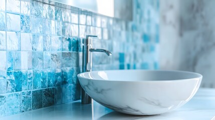 Glossy White Marble Countertop with Aqua Gemstone Backsplash perfect for bathroom renovation ads, high-end design spreads, product mockups and spa branding