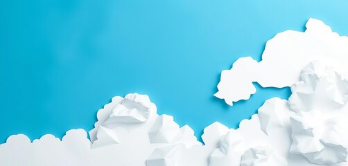 Intricate blue paper cut sky with fluffy white clouds, ideal for nature themes, artwork, serene