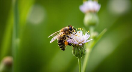 Honeybee collecting nectar on a delicate flower in a vibrant green meadow scene