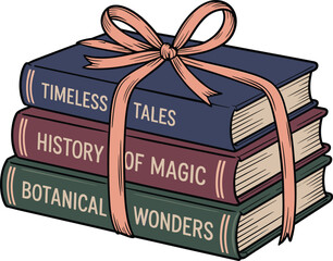 A stack of three old books tied together with a pink ribbon as a thoughtful gift