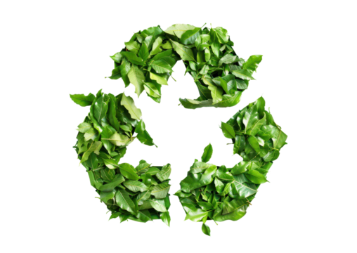 recycle eco symbol sign with turning arrows formes by green natural leaves isolated on white or transparent png