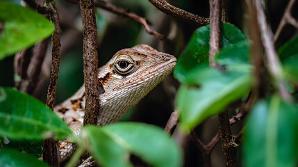 Naklejka premium Close Up of a Camouflaged Lizard Among Green Leaves and Brown Branches