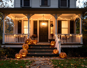 Halloween porch decorations at dusk