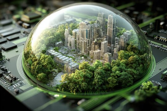 Futuristic eco cityscape with high-rise buildings surrounded by lush greenery inside protective glass dome and advanced technology elements