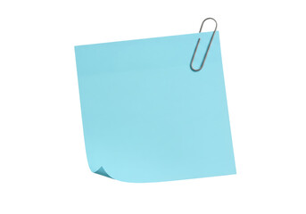 Blue sticky note with a paperclip for reminders or messages. Isolated on transparent background, png