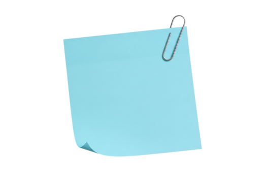 Blue sticky note with a paperclip for reminders or messages. Isolated on transparent background, png