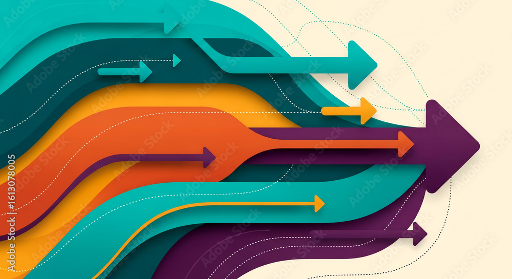 Poster abstract design with colorful wavy arrows, suggesting movement, progress, and direction. modern and 