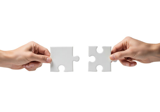 Hands connecting two white jigsaw puzzle pieces for a teamwork solution. Isolated on transparent background, png