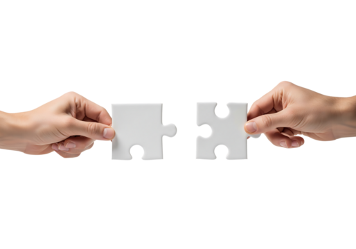 Hands connecting two white jigsaw puzzle pieces for a teamwork solution. Isolated on transparent background, png