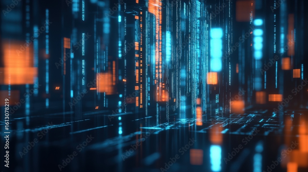 Poster abstract futuristic digital data stream background with glowing blue and orange lines and grid patte