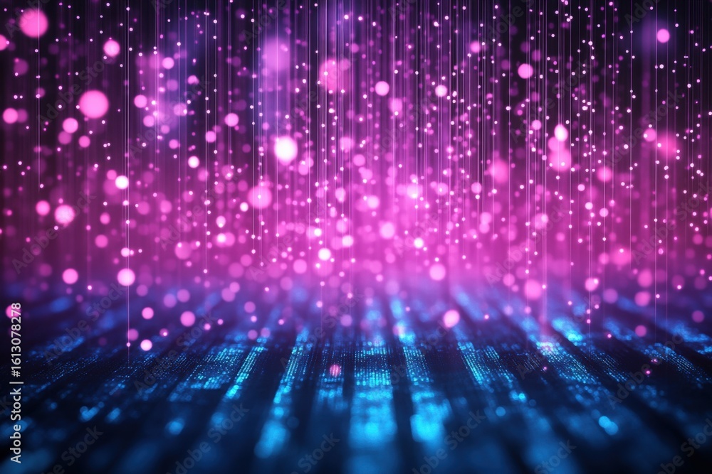 Poster vibrant digital conference background with purple pink bokeh lights and glowing data stream effects 