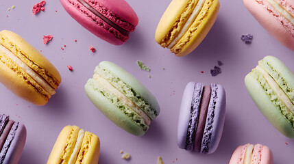Colorful Macarons on Purple Background Flatlay Photography