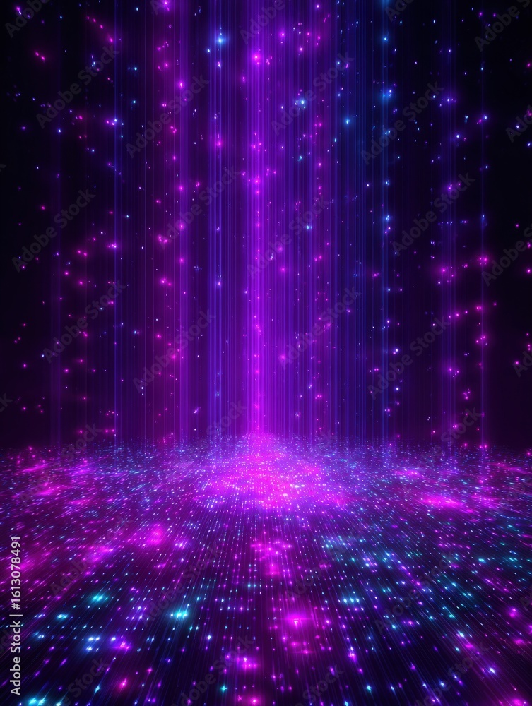 Poster vibrant neon light display with vertical light beams and sparkling particles in a futuristic digital