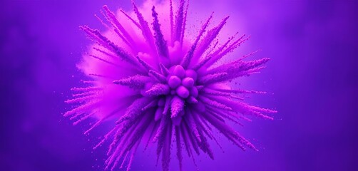 Purple powder explodes outwards in a radial pattern, creating a vibrant cloud, explosion,  impact