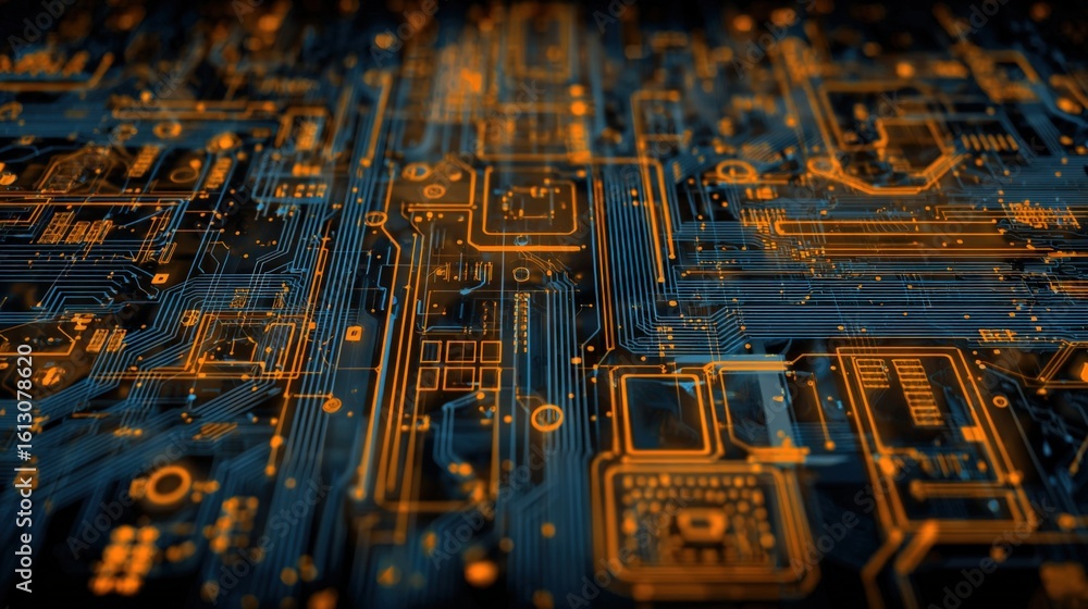 Poster high-tech close-up of a futuristic printed circuit board with intricate electronic components and gl