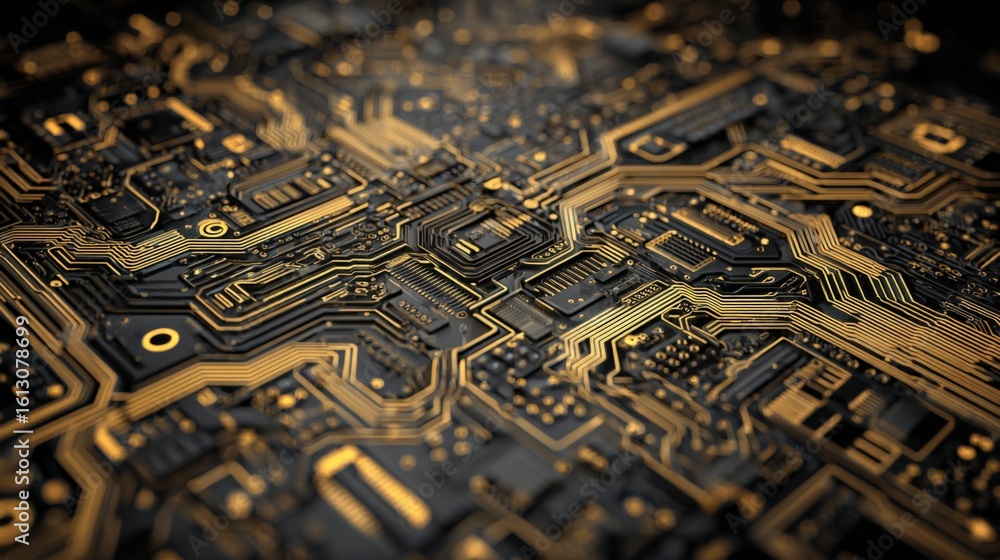 Poster highly detailed close-up of a modern computer circuit board showing intricate electronic pathways an