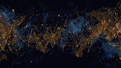Abstract network with golden connected points on black, surrounded by blue specks. Lines form triangular shapes, creating a sense of complexity and connection in a digital space